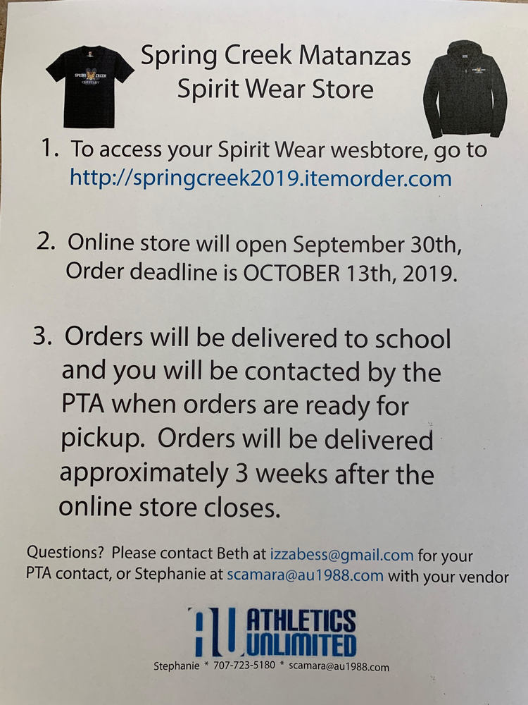 Spirit Wear Order Information